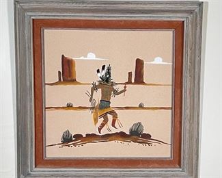 Yeibichai Dancer Navajo Sand Painting L.A. Lillie A. Sloan Holbrook Native American Sandpainting Frame: 23x23in