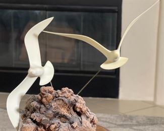 LARGE John Perry Seagulls in Flight Sculpture Burlwood 18x19x10in HxWxD