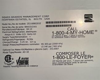 Kenmore Garage Fridge Refrigerator/Freezer 253.6880201E 66 x 30 x 33in HxWxD