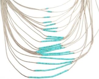 Vintage Native American Turquoise Heishi Liquid Silver Multi-Strand Necklace 20 Strand 18-27in
