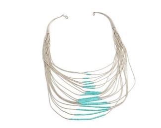 Vintage Native American Turquoise Heishi Liquid Silver Multi-Strand Necklace 20 Strand 18-27in