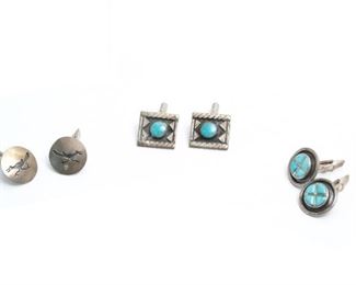 Lot of 3 Vintage Navajo Turquoise and Silver Cufflinks Native American Cuff Links