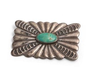 Vintage Navajo Silver & Turquoise Brooch Pin 1.5x.75in