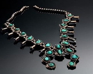 Old Pawn Navajo Squash Blossom Silver & Turquoise Native American Necklace 30in Long Naja: 4x4in