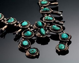 Old Pawn Navajo Squash Blossom Silver & Turquoise Native American Necklace 30in Long Naja: 4x4in