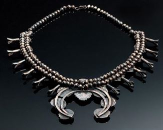 Old Pawn Navajo Squash Blossom Silver & Turquoise Native American Necklace 30in Long Naja: 4x4in