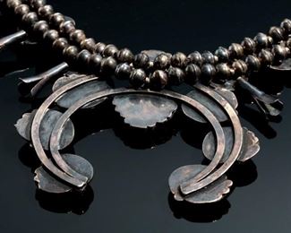 Old Pawn Navajo Squash Blossom Silver & Turquoise Native American Necklace 30in Long Naja: 4x4in