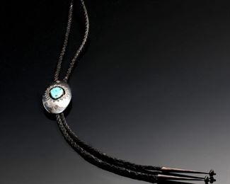 Vintage Navajo Aaron Chischiligi Silver & Turquoise Bolo Tie Native American Dead Pawn 41in Long Centerpiece: 2.75x1.5in