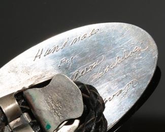 Vintage Navajo Aaron Chischiligi Silver & Turquoise Bolo Tie Native American Dead Pawn 41in Long Centerpiece: 2.75x1.5in