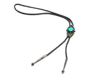Vintage Navajo Aaron Chischiligi Sandcast Silver & Turquoise Bolo Tie Native American Dead Pawn 37in Long Centerpiece: 2.5x1.25in