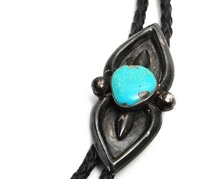 Vintage Navajo Aaron Chischiligi Sandcast Silver & Turquoise Bolo Tie Native American Dead Pawn 37in Long Centerpiece: 2.5x1.25in