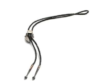 Vintage Navajo Aaron Chischiligi Sandcast Silver & Turquoise Bolo Tie Native American Dead Pawn 37in Long Centerpiece: 2.5x1.25in