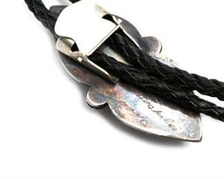 Vintage Navajo Aaron Chischiligi Sandcast Silver & Turquoise Bolo Tie Native American Dead Pawn 37in Long Centerpiece: 2.5x1.25in