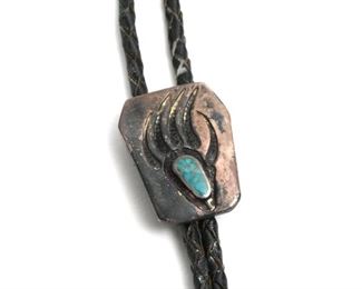 Vintage Navajo Silver & Turquoise Bolo Tie Bearclaw Native American 32in Long Centerpiece: 1.25x1in