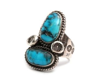 Vintage Navajo Aaron Chischiligi Silver & Turquoise Ring Native American Dead Pawn Size:7 Centerpiece: 32x21