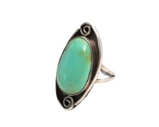 Vintage Silver & Turquoise Cabochon Ring Native American Size: 9.5 Centerstone: 23x15mm
