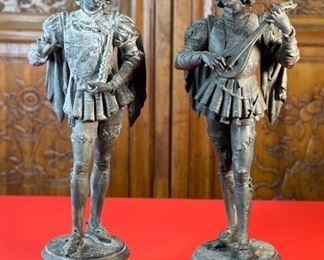 AS-IS 2pc Antique Victorian Spelter Statues Harp & Lute Sculptures PAIR 24x8x7.5in HxWxD