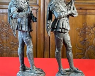 AS-IS 2pc Antique Victorian Spelter Statues Harp & Lute Sculptures PAIR 24x8x7.5in HxWxD