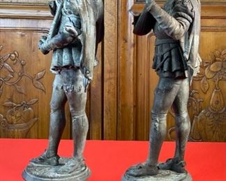 AS-IS 2pc Antique Victorian Spelter Statues Harp & Lute Sculptures PAIR 24x8x7.5in HxWxD
