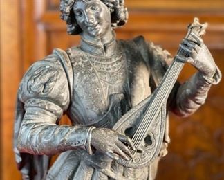 AS-IS 2pc Antique Victorian Spelter Statues Harp & Lute Sculptures PAIR 24x8x7.5in HxWxD