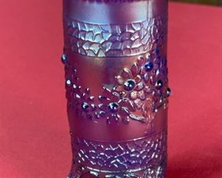 Fenton Blue Carnival Glass Hat Pin Holder Orange Tree Pattern 7in H x 2.5in Diameter