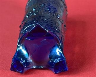 Fenton Blue Carnival Glass Hat Pin Holder Orange Tree Pattern 7in H x 2.5in Diameter