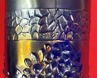 Fenton Blue Carnival Glass Hat Pin Holder Orange Tree Pattern 7in H x 2.5in Diameter