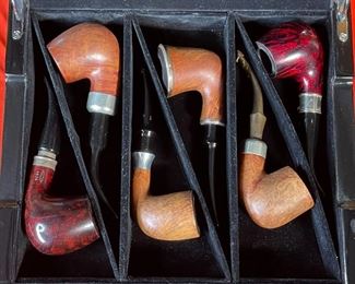 6pc Tobacco Pipe Lot with Burl Wood Case Case: 2.75x10.75x9.5in