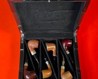 6pc Tobacco Pipe Lot with Burl Wood Case Case: 2.75x10.75x9.5in