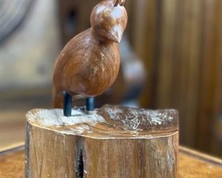 Ironwood Carving Quail Wood Sculpture Rustic on stump 8x6x4.5in HxWxD
