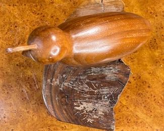 Ironwood Carving Quail Wood Sculpture Rustic on stump 8x6x4.5in HxWxD