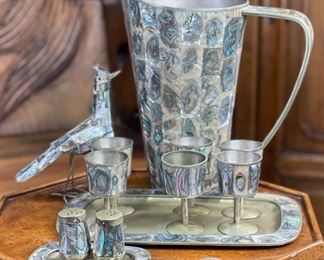 12pc Vintage Alpaca Mexico Abalone Pieces Pitcher: 8.25x4.75x8in