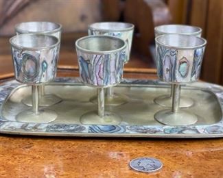 12pc Vintage Alpaca Mexico Abalone Pieces Pitcher: 8.25x4.75x8in