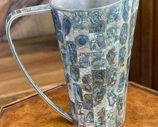 12pc Vintage Alpaca Mexico Abalone Pieces Pitcher: 8.25x4.75x8in