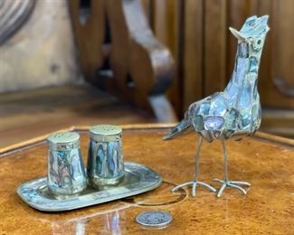 12pc Vintage Alpaca Mexico Abalone Pieces Pitcher: 8.25x4.75x8in