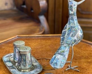 12pc Vintage Alpaca Mexico Abalone Pieces Pitcher: 8.25x4.75x8in