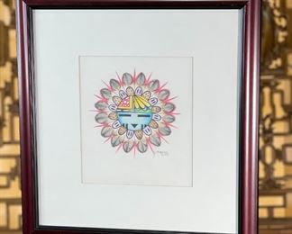 Original Native American Sunface Kachina Art Watercolor Frame: 16x15in Image: 8x7in