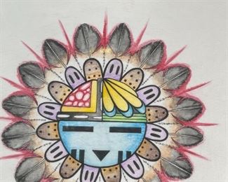 Original Native American Sunface Kachina Art Watercolor Frame: 16x15in Image: 8x7in