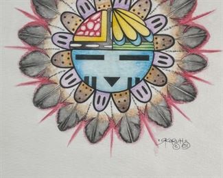 Original Native American Sunface Kachina Art Watercolor Frame: 16x15in Image: 8x7in