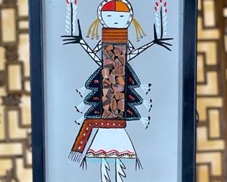 CJ Prophet Navajo Yei Painting with Prehistoric Hopi Pottery Shards Frame: 13.75 x 8.75in