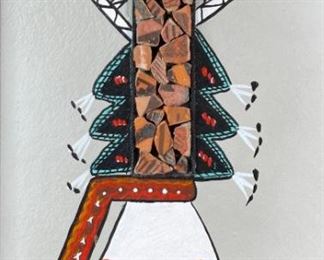 CJ Prophet Navajo Yei Painting with Prehistoric Hopi Pottery Shards Frame: 13.75 x 8.75in