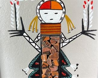 CJ Prophet Navajo Yei Painting with Prehistoric Hopi Pottery Shards Frame: 13.75 x 8.75in