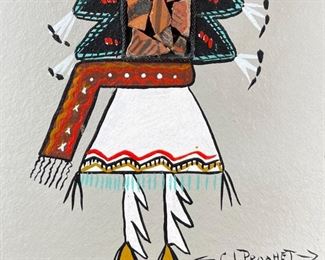 CJ Prophet Navajo Yei Painting with Prehistoric Hopi Pottery Shards Frame: 13.75 x 8.75in