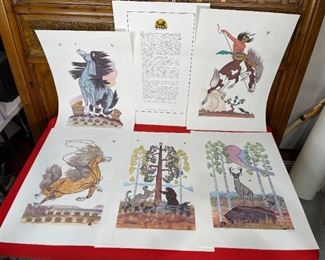 5pc Navajo Quincy Tahoma Litho Prints Lithograph 1972 H. Tutt Native American of Santa Fe Art Unframed 24.75x16.75 Image: 19x12in