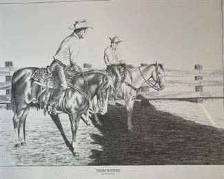 Signed John Hill Team Ropers Print 1978 12.5x16.5in