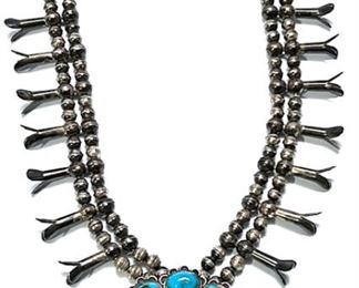 Vintage Navajo Squash Blossom Silver & Turquoise Necklace Native American SIGNED 25in Long Naja: 3.1x2.35in