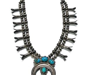 Vintage Navajo Squash Blossom Silver & Turquoise Necklace Native American SIGNED 25in Long Naja: 3.1x2.35in