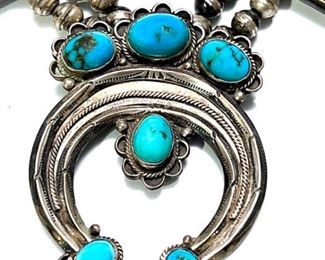 Vintage Navajo Squash Blossom Silver & Turquoise Necklace Native American SIGNED 25in Long Naja: 3.1x2.35in