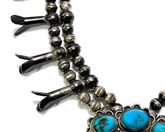 Vintage Navajo Squash Blossom Silver & Turquoise Necklace Native American SIGNED 25in Long Naja: 3.1x2.35in