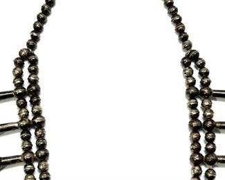 Vintage Navajo Squash Blossom Silver & Turquoise Necklace Native American SIGNED 25in Long Naja: 3.1x2.35in